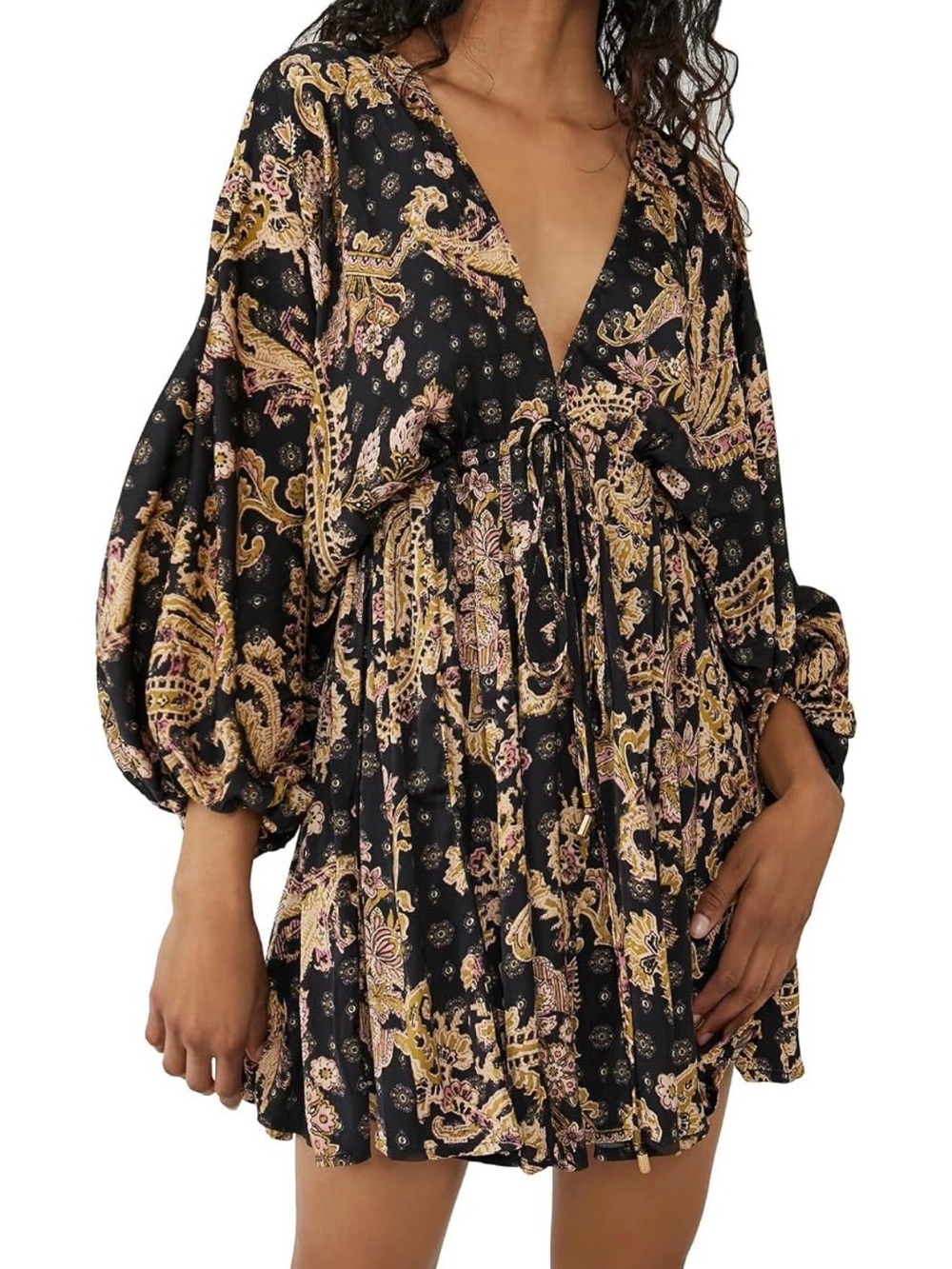 Free People Arzel Mini Dress Black Combo Paisley Festival Boho V Neck XS